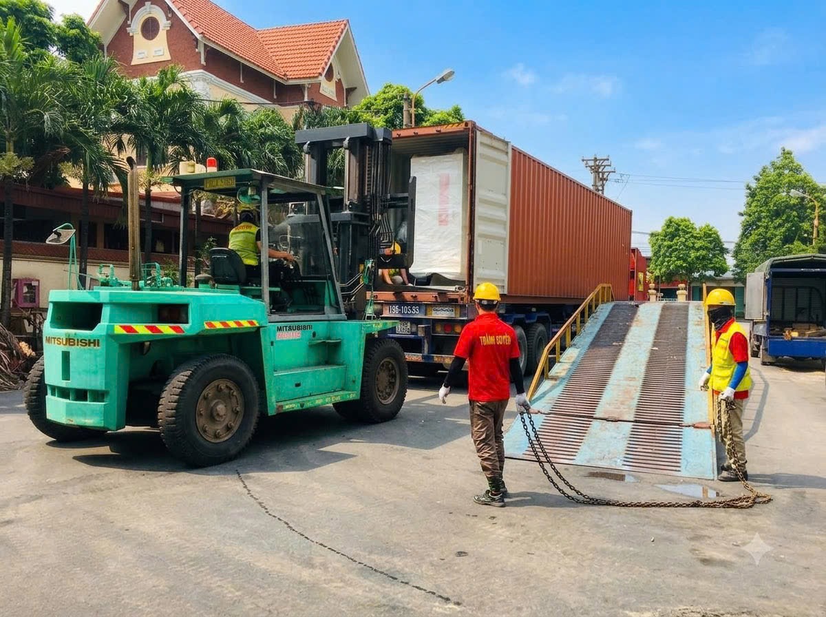 Nhật Ký Thi Công: Rút Ruột Container Mở Nóc & Lắp Dây Chuyền Dệt Sợi Khí Nén Tại KCN Phúc Khánh – Thái Bình