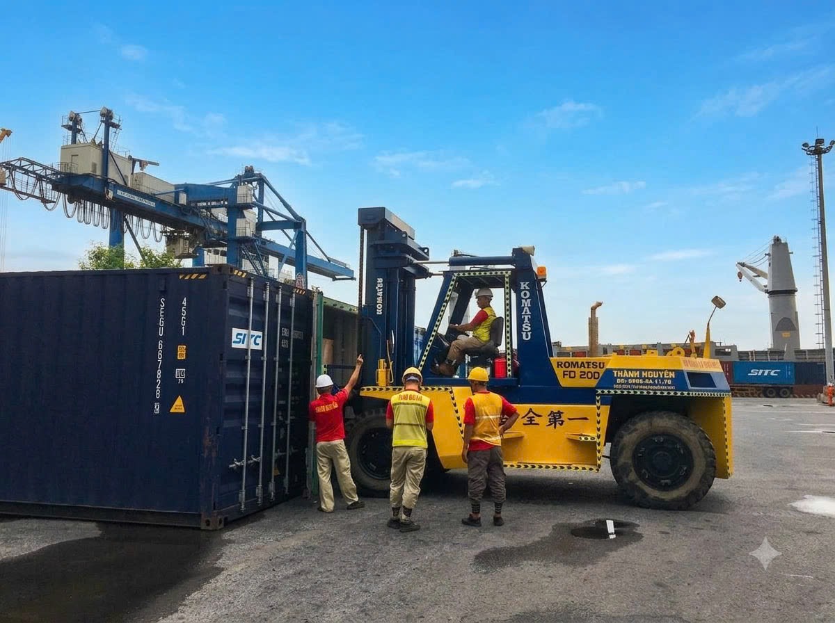 xe nâng Komatsu FD200 20 tấn tập kết tại bãi cảng container SITC tại KCN Liên Hà Thái Thái Bình xe nâng Komatsu FD200 20 tấn tập kết tại bãi cảng container SITC tại KCN Liên Hà Thái Thái Bình