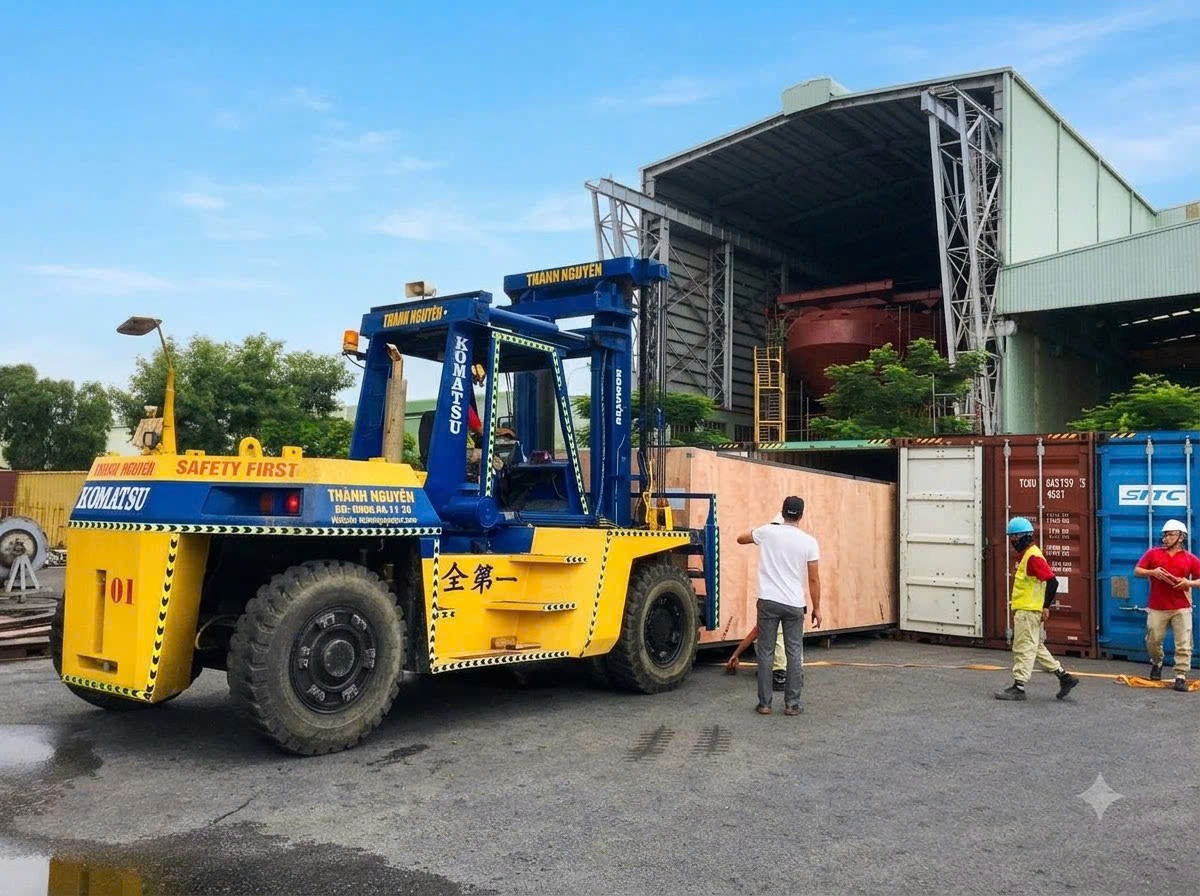 xe nâng Komatsu FD200 rút hàng container đường biển 40ft tại KCN Liên Hà Thái Thái Bình xe nâng Komatsu FD200 rút hàng container đường biển 40ft tại KCN Liên Hà Thái Thái Bình