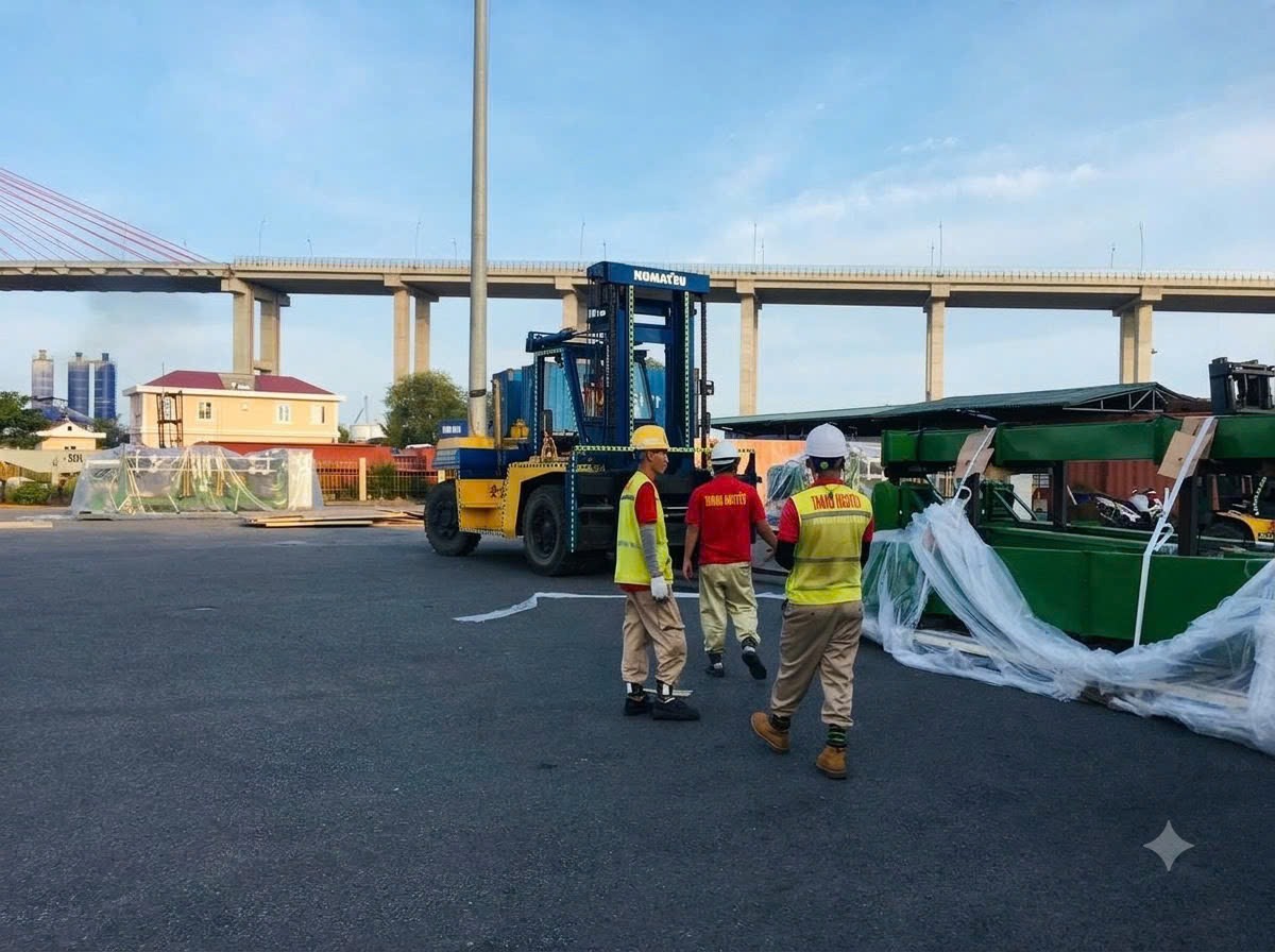 xe nâng 20 tấn rút kiện gỗ máy siêu trọng từ thùng container tại KCN Liên Hà Thái Thái Bình xe nâng 20 tấn rút kiện gỗ máy siêu trọng từ thùng container tại KCN Liên Hà Thái Thái Bình