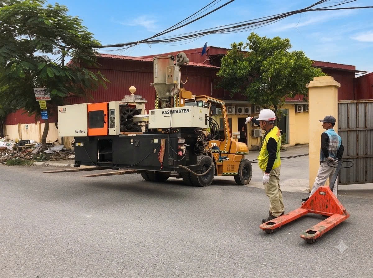 hoa tiêu an toàn phân luồng giao thông dẫn hướng xe nâng chở máy qua cửa xưởng tại KCN Tiền Hải Thái Bình - THÀNH HUY HOÀNG