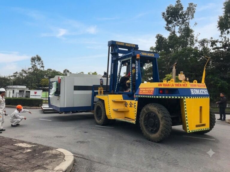 Tổ Hợp Xe Nâng Siêu Trọng Komatsu Rút Hàng Container & Định Vị Bệ Móng Máy CNC Makino Sàn Epoxy Tại KCN Tiền Hải – Thái Bình