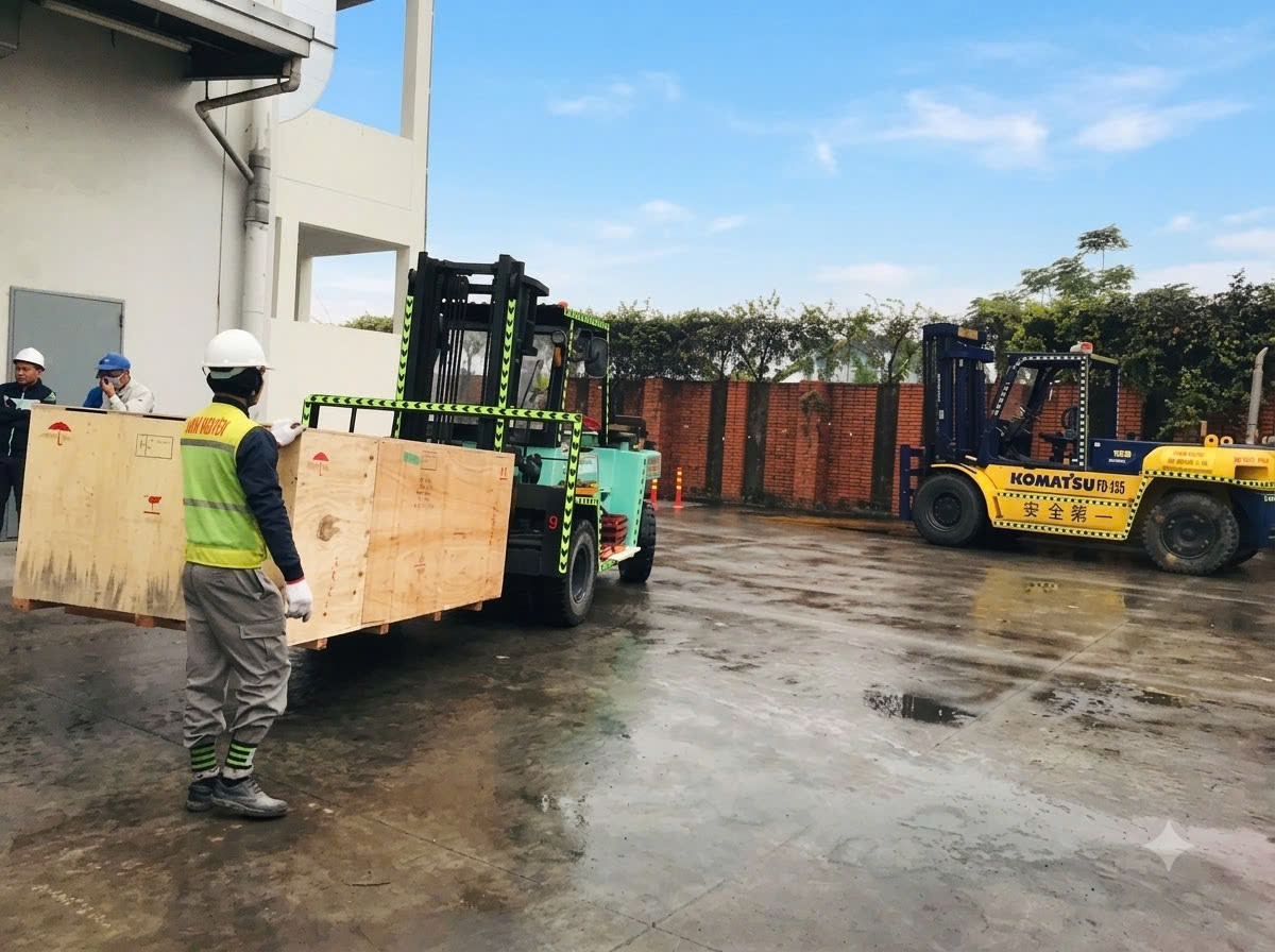 xe nâng Komatsu FD-135 và Mitsubishi vận chuyển kiện máy đóng pallet gỗ nội bộ tại KCN Tiền Hải Thái Bình