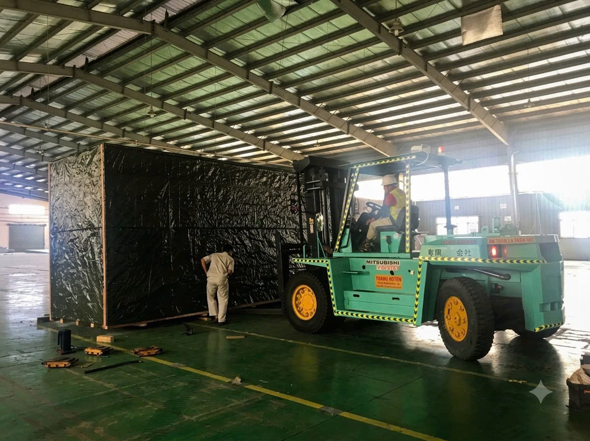 xe nâng Mitsubishi mỏ dài di chuyển máy bọc màng chuyên dụng trên sàn epoxy tại KCN Tiền Hải Thái Bình