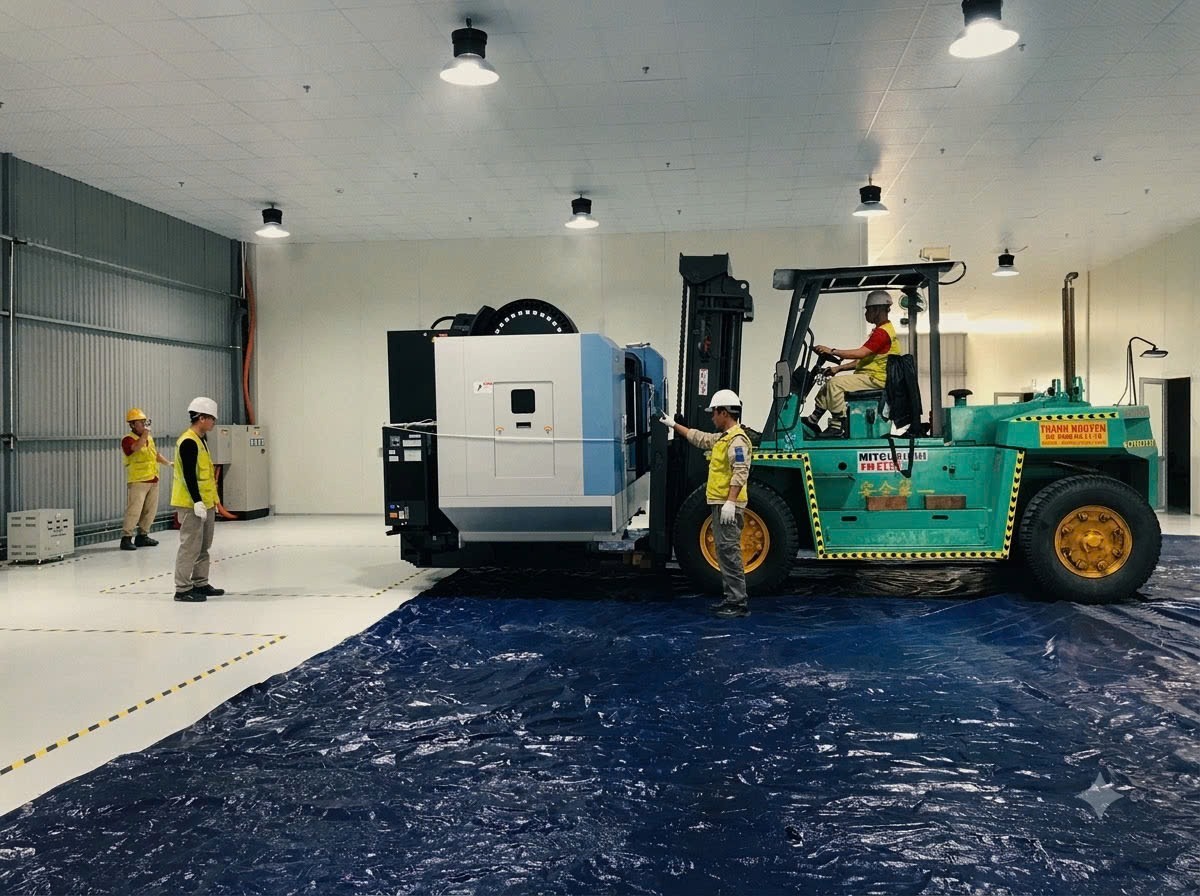 hạ đặt và cân chỉnh thăng bằng máy tiện CNC DOOSAN trên sàn bạt bảo vệ epoxy tại KCN Tiền Hải Thái Bình - THÀNH HUY HOÀNG