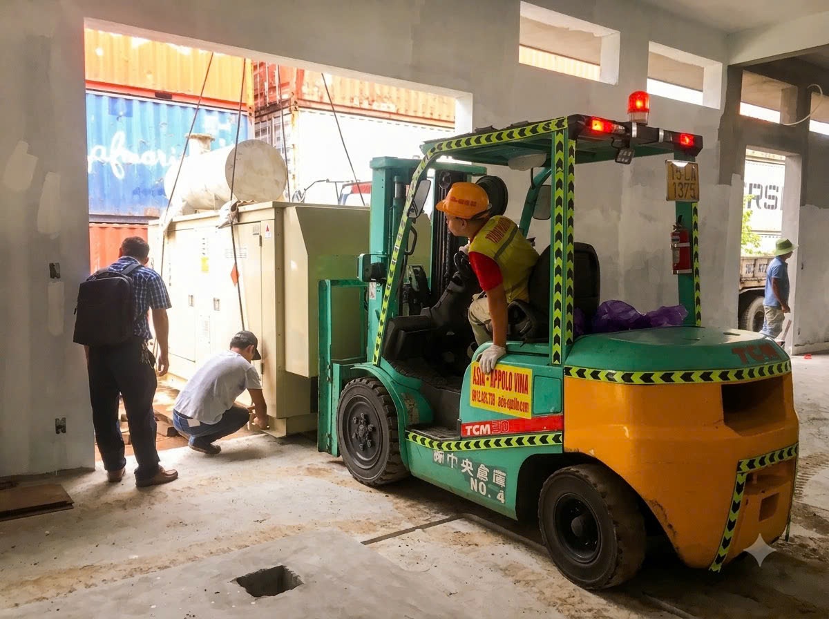 xe nâng TCM 30 phối hợp đội rigger căn chỉnh định vị bu-lông móng máy phát điện tại KCN Phúc Khánh Thái Bình - THÀNH HUY HOÀNG xe nâng TCM 30 phối hợp đội rigger căn chỉnh định vị bu-lông móng máy phát điện tại KCN Phúc Khánh Thái Bình - THÀNH HUY HOÀNG