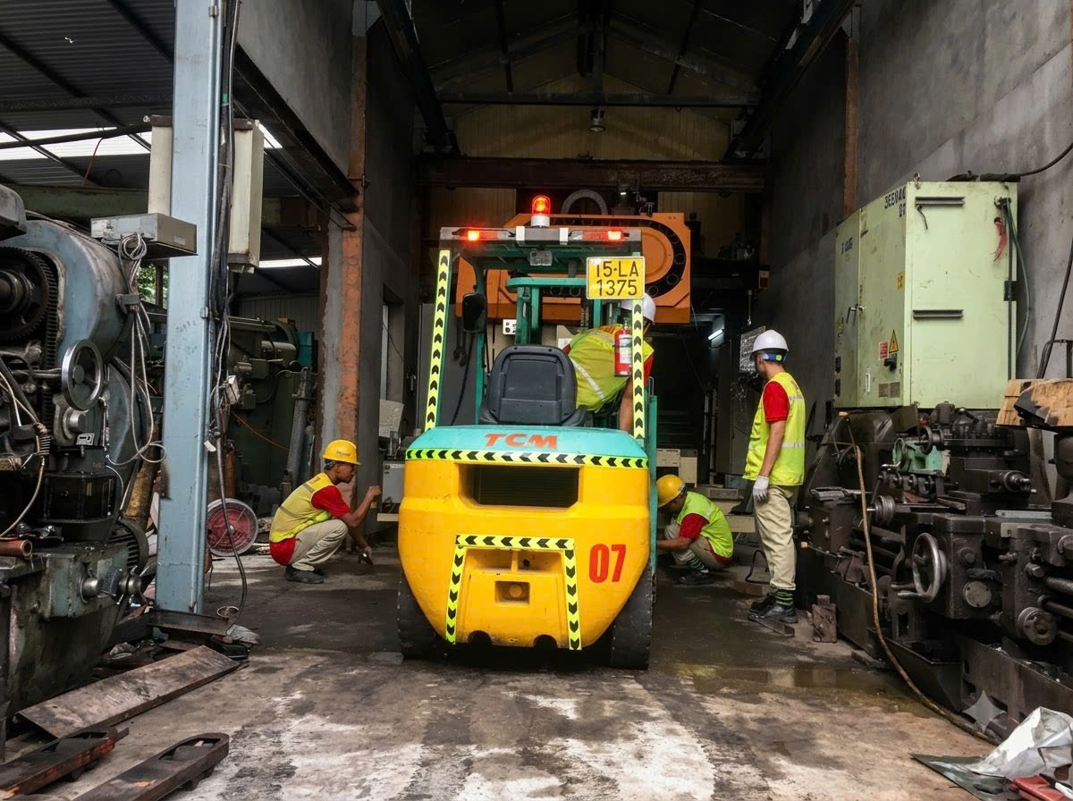 xe nâng TCM đón máy và đội rigger dùng rùa kích căn chỉnh bệ móng máy phay CNC Makino tại KCN Liên Hà Thái Thái Bình - THÀNH HUY HOÀNG