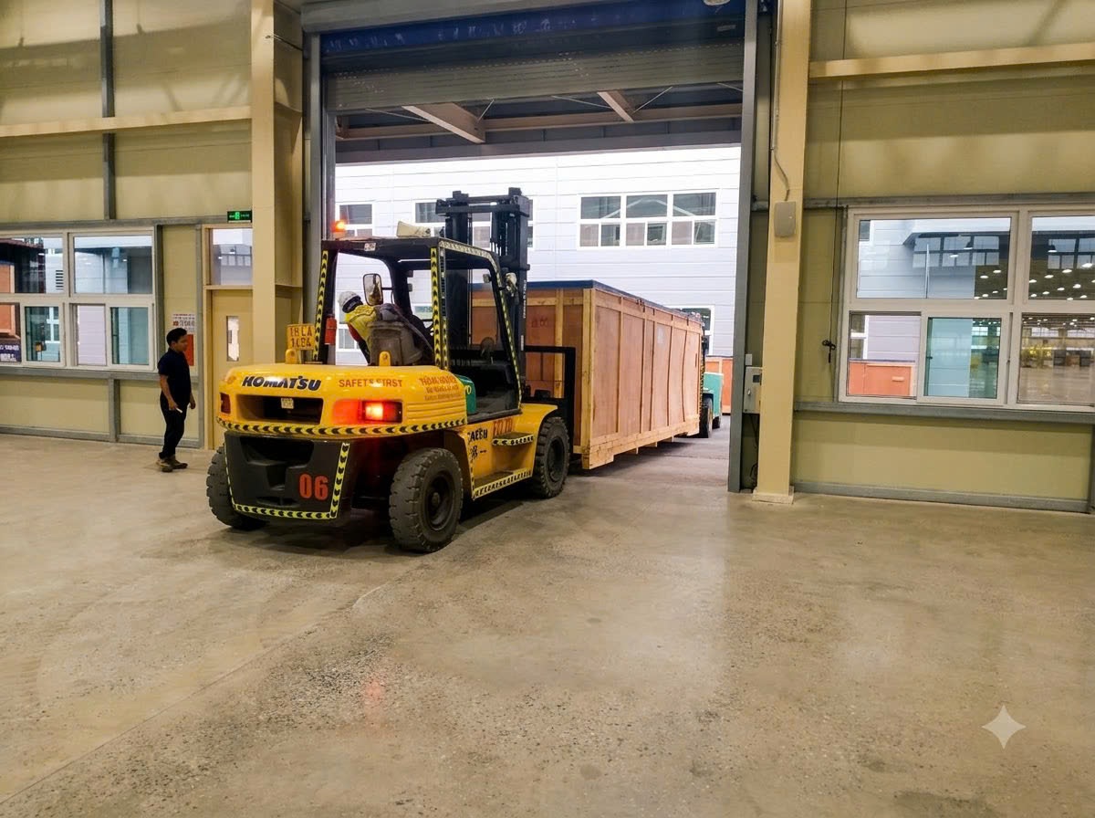 xe nâng Mitsubishi cabin kính vận chuyển kiện máy móc vào phân xưởng thông minh sàn bê tông mài bóng tại KCN Tiền Hải Thái Bình - THÀNH HUY HOÀNG
