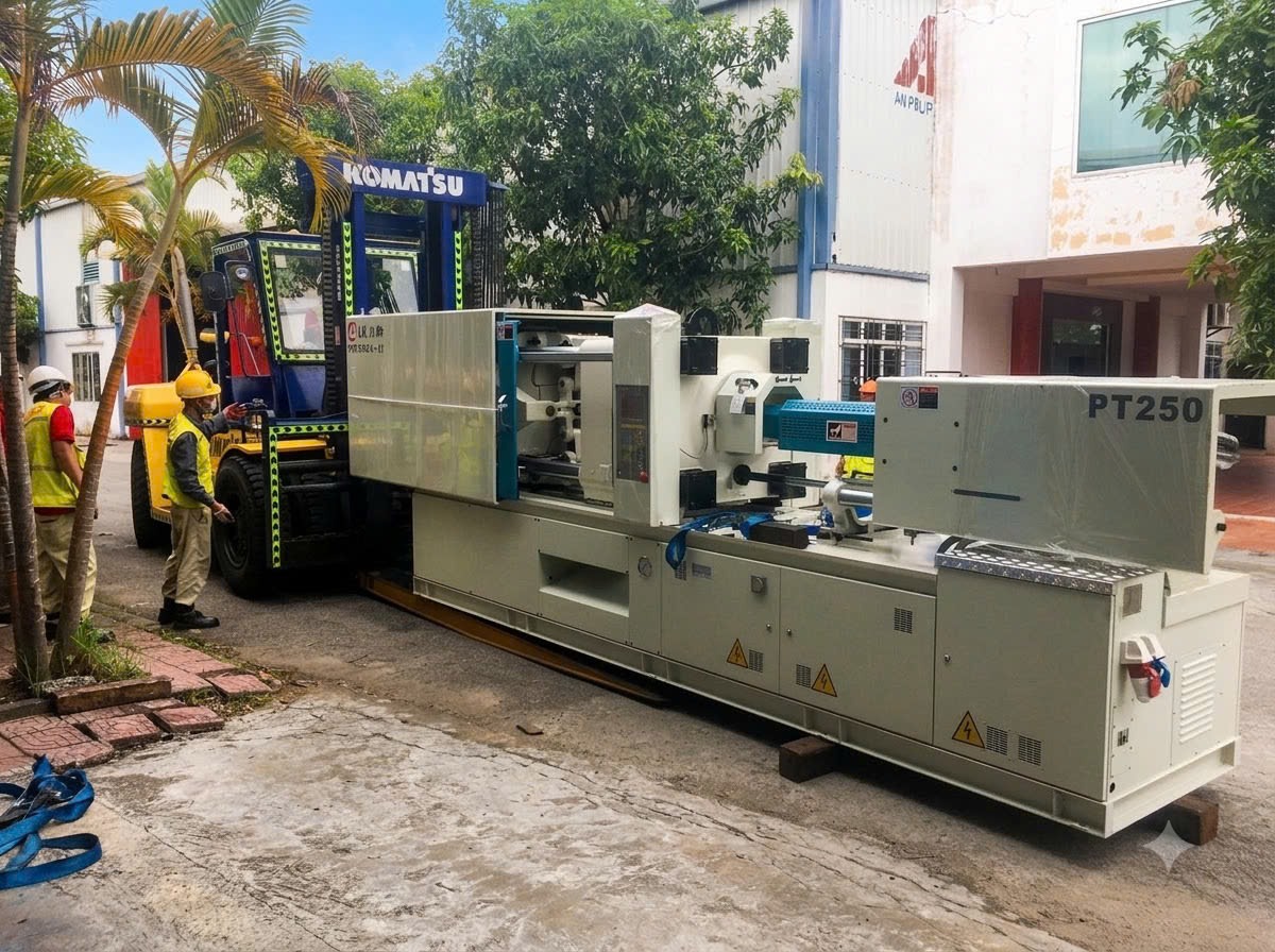 xe nâng Komatsu và Mitsubishi luồn càng nối nâng gầm máy LK Potenza PT250 tại KCN Liên Hà Thái Thái Bình - THÀNH HUY HOÀNG xe nâng Komatsu và Mitsubishi luồn càng nối nâng gầm máy LK Potenza PT250 tại KCN Liên Hà Thái Thái Bình - THÀNH HUY HOÀNG