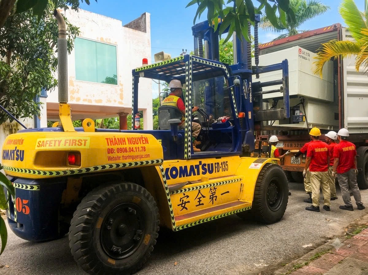 rút máy ép nhựa LK Potenza PT250 ra khỏi sàn xe container an toàn tại KCN Liên Hà Thái Thái Bình - THÀNH HUY HOÀNG rút máy ép nhựa LK Potenza PT250 ra khỏi sàn xe container an toàn tại KCN Liên Hà Thái Thái Bình - THÀNH HUY HOÀNG