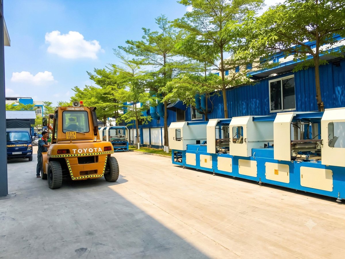 Xe nâng 7 tấn bốc dỡ kiện máy siêu trọng từ sơ-mi rơ-moóc Tiền Hải Thái Bình - THÀNH HUY HOÀNG